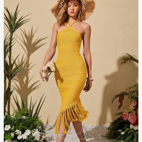 NWT FLOERNS Yellow Crochet Halter Midi Dress with Fringe - Picture 3 of 13